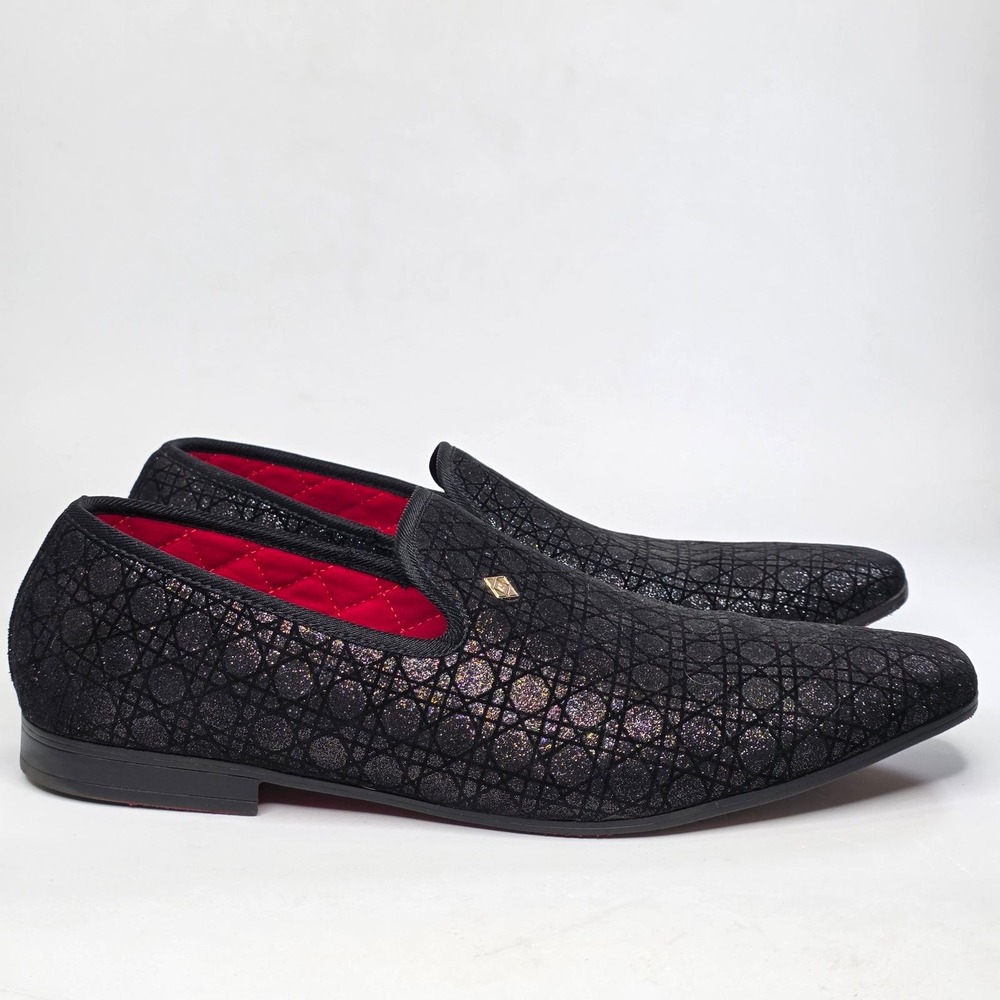 La Milano Mens Black Glitter Geometric Loafers Red Bottom Dress Shoes Size 13